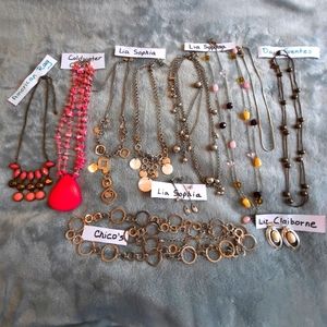 Name Brand jewelry lot. 9 NECKLACES 2 EARRINGS: LIA SOPHIA, CHICOS DAISY FUENTES